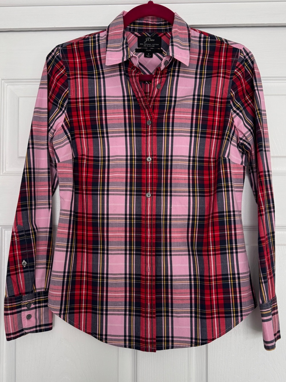 J.CREW | Women's pink/red plaid button down collared shirt size 4 style #AU266